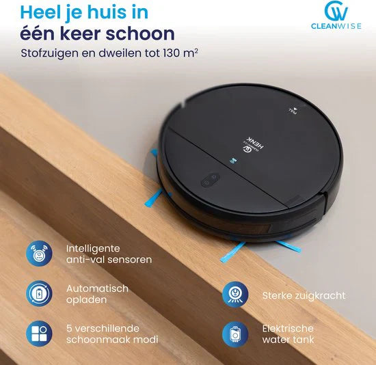CleanWise Henk – Robot vacuum cleaner with mopping function and charging station – 4500 Pa suction power, 5 cleaning modes, app and voice control, ideal for pets, hard floors & carpets