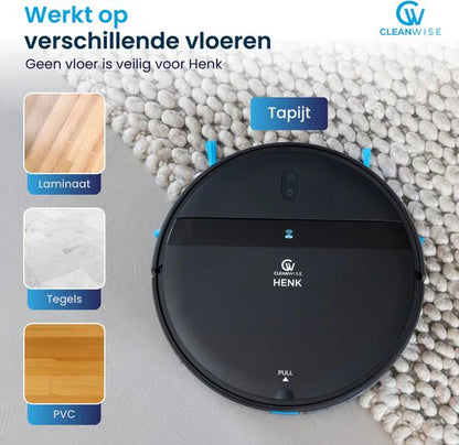 CleanWise Henk – Robot vacuum cleaner with mopping function and charging station – 4500 Pa suction power, 5 cleaning modes, app and voice control, ideal for pets, hard floors & carpets