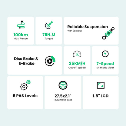 Touroll J1 ST 27.5 inch Trekking Bike with 250W Motor, 36V 15.6Ah Battery, Max 100km Range, 1.8" LCD Display Shimano 7-Speed Disc Brake - Black