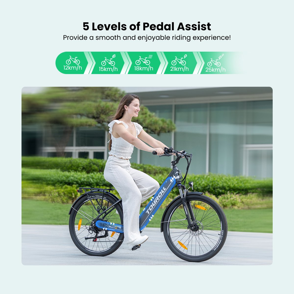 Touroll J1 ST 27.5 inch Trekking Bike with 250W Motor, 36V 15.6Ah Battery, Max 100km Range, 1.8" LCD Display Shimano 7-Speed Disc Brake - Black