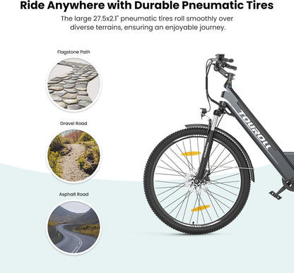 Touroll J1 ST 27.5 inch Trekking Bike with 250W Motor, 36V 15.6Ah Battery, Max 100km Range, 1.8" LCD Display Shimano 7-Speed Disc Brake - Black