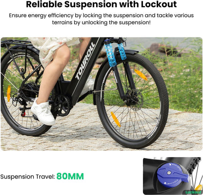 Touroll J1 ST 27.5 inch Trekking Bike with 250W Motor, 36V 15.6Ah Battery, Max 100km Range, 1.8" LCD Display Shimano 7-Speed Disc Brake - Black